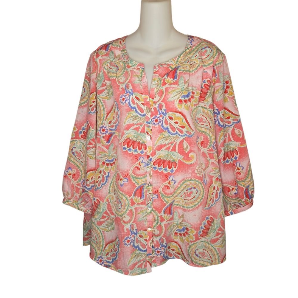 Investments Nwot Coral Paisley Button-Front Boho Peasant Top Blouse 1X